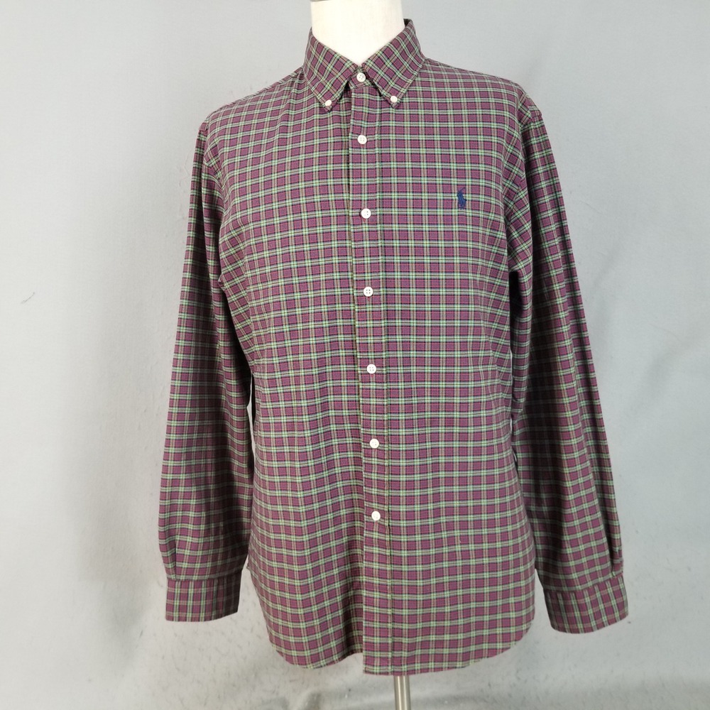 Ralph Lauren Button Down Shirt Mens L Purple Plaid Heavy Cotton Long Sleeve Pony